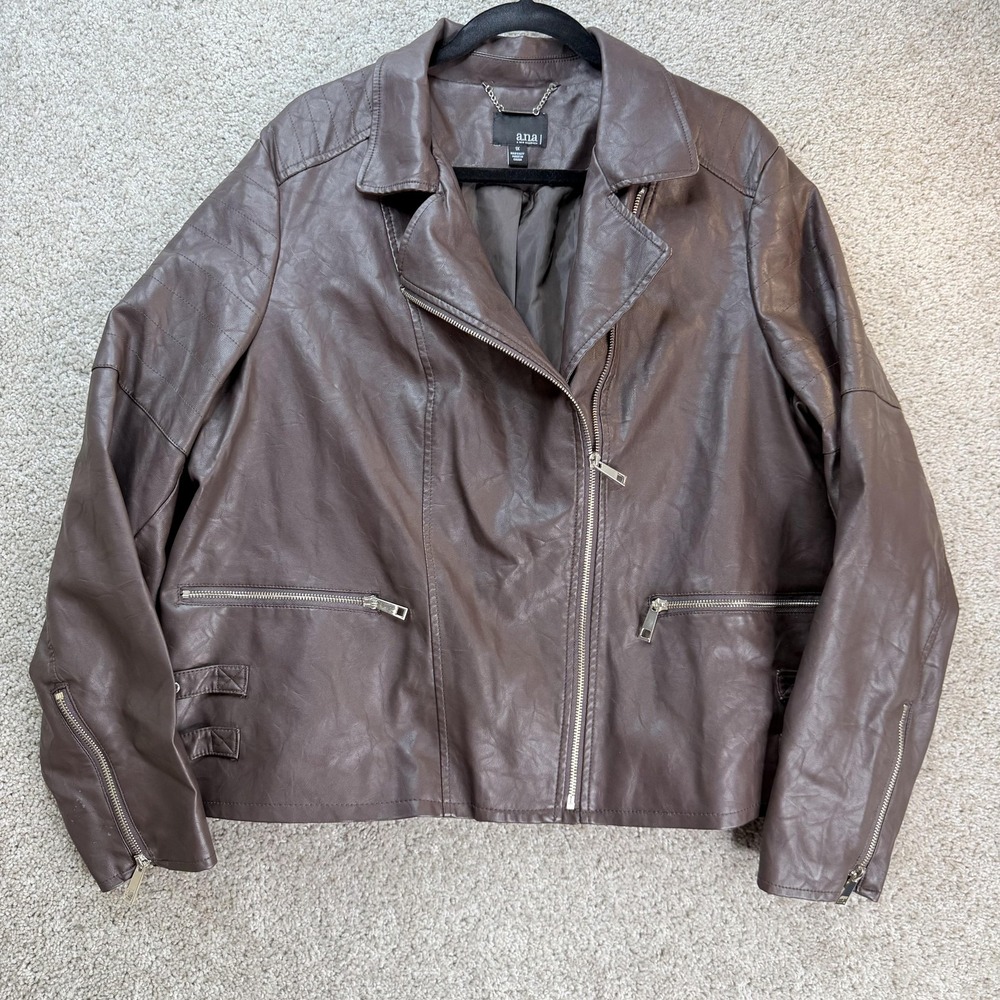 A.n.a Jacket Womens 1X Brown Faux Leather Moto Zip Pockets Buckle Short